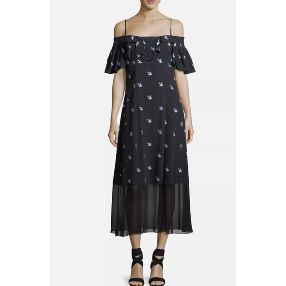 NWT McQ Alexander McQueen Swallow Off-Shoulder Bird Midi Dress IT 40 US S #2G455 - Picture 1 of 12